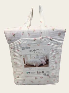 Shabby Chic Pink 3 PC King Gauze Duvet Set Pink Rose with Ruffles ~ Matching Bag